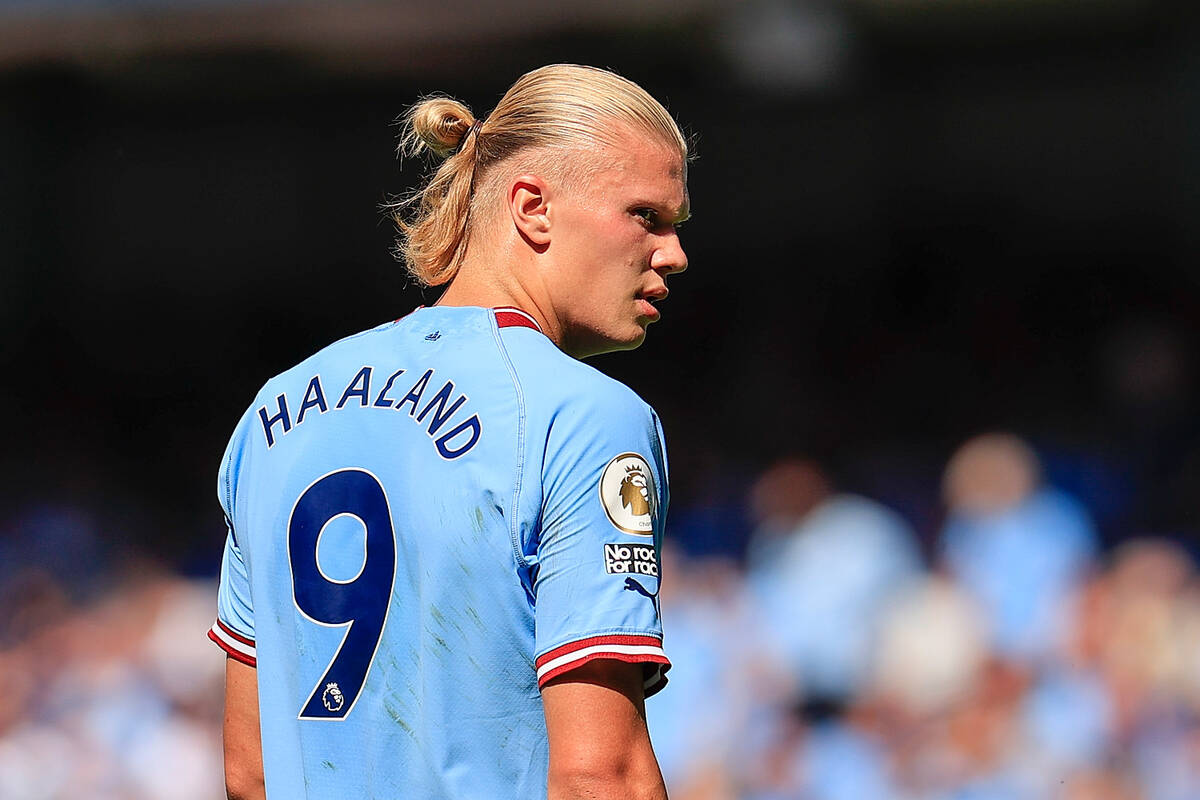  Erling Haaland, a Norwegian professional footballer who plays as a striker for Premier League club Manchester City and the Norway national team, is seen here in action during a match.