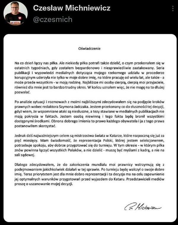 Oficjalne oświadczenie Michniewicza w sprawie ostatnich wydarzeń wokół jego osoby