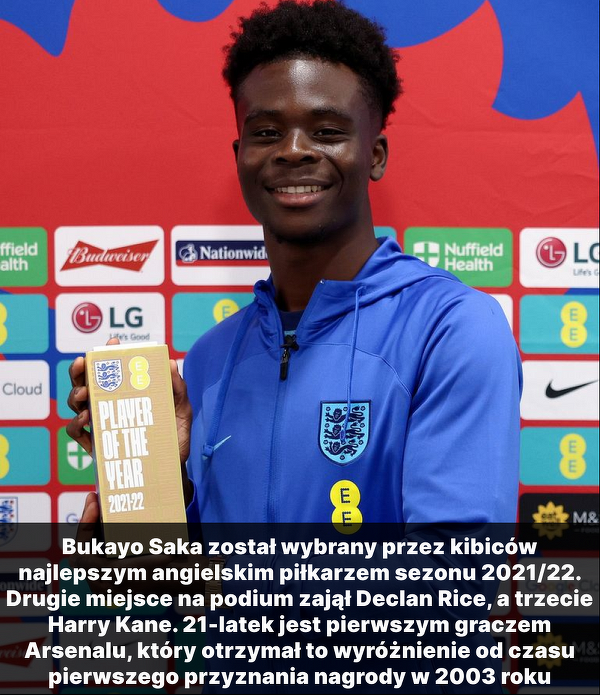 Bukayo Saka najlepszym angielskim piłkarzem sezonu 2021/22