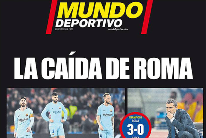 Żałoba w katalońskich dziennikach po odpadnięciu Barcelony. Czarne okładki Mundo Deportivo i Sportu Żałoba w katalońskich dziennikach po odpadnięciu Barcelony. Czarne okładki Mundo Deportivo i Sportu