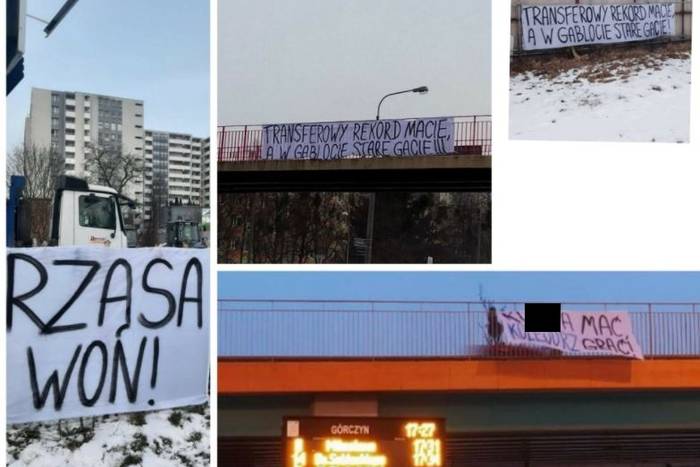 Kibice Lecha wściekli po kolejnej porażce drużyny. Wulgarne transparenty na ulicach Poznania [ZDJĘCIA]