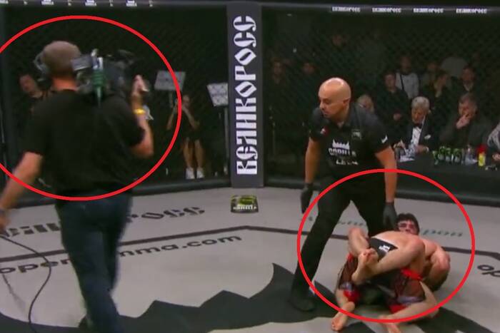 Absurdalna sytuacja na gali MMA. Operator kamery zamknięty w oktagonie [WIDEO]