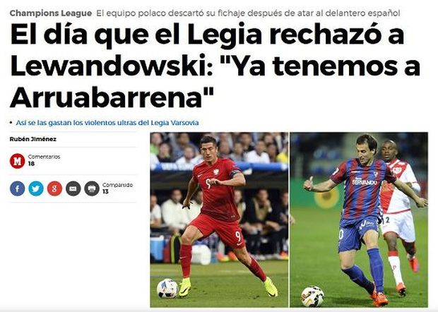 Dziennik z Madrytu kpi z Legii - przypomina wpadkę z Lewandowskim