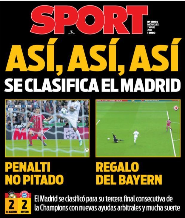 Katalońska prasa ponownie w rozpaczy. Czarna okładka "Sport", dziennik wskazuje, że Real awansował z pomocą sędziego