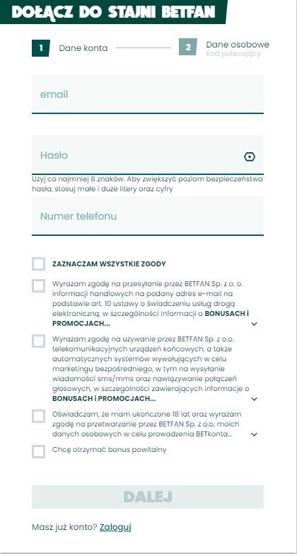 Betfan rejestracja krok 1