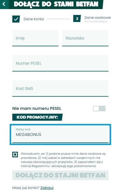 Betfan rejestracja krok 2