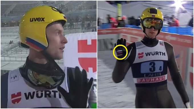 Kontrowersyjny gest rosyjskiego skoczka. Pokazał flagę do kamery [ZDJĘCIE]