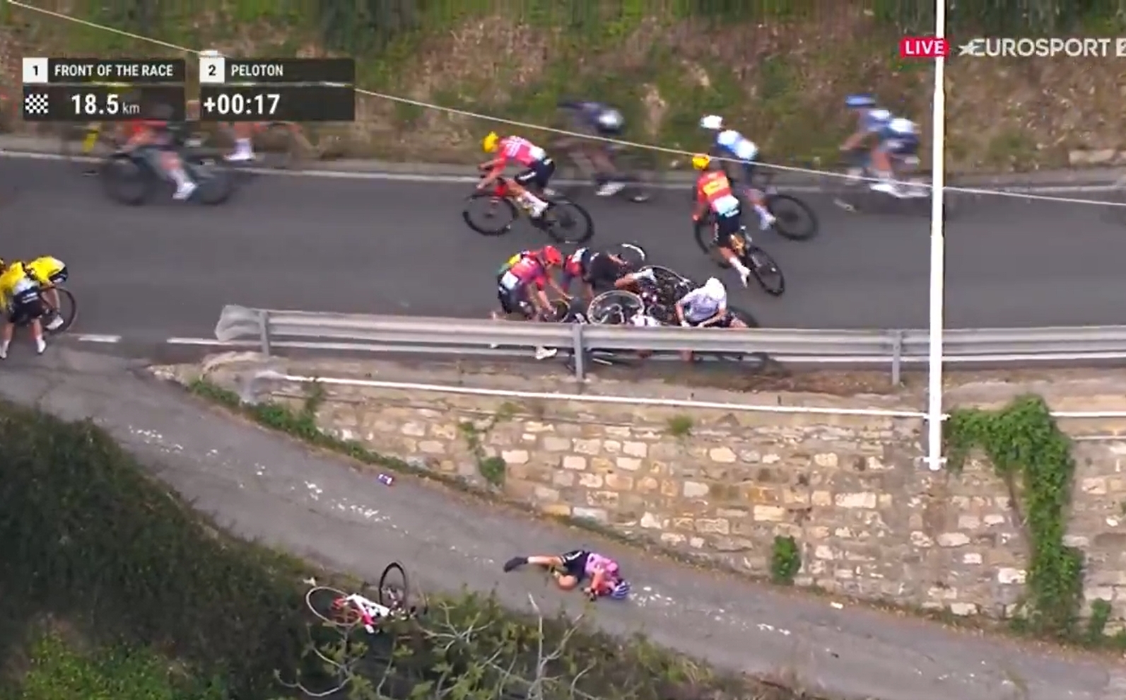 Przerażająca kraksa, kolarka wypadła przez barierki. Ucierpiała również Niewiadoma [WIDEO]